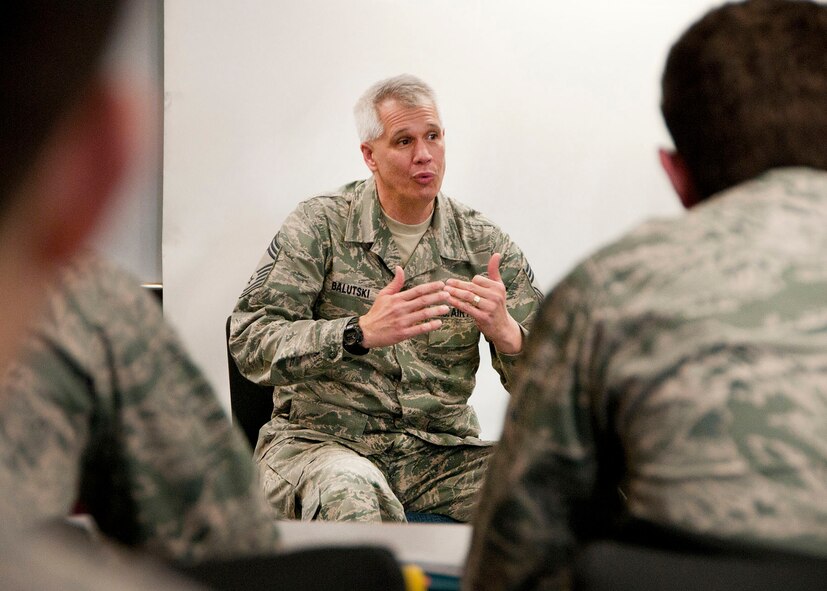 HANSCOM AIR FORCE BASE, Mass. -- Chief Master Sgt. Mitchell Balutski, Air Force Life Cycle Management Center senior enlisted manager, speak to first term lieutenants during a Lieutenant Professional Development Program Senior NCO Panel at the Education Center Jan. 24. First term lieutenants get a "smart start" thanks to LPDP. The program allows young officers to learn more about the installation, as well as the major command, that they may have not learned earlier. (U.S. Air Force photo by Mark Wyatt)