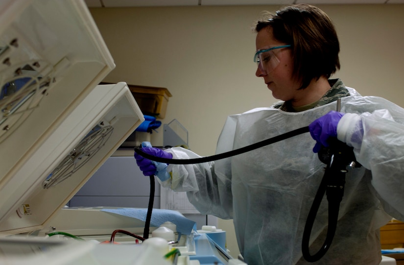 U.S. Air Force Senior Airman Samantha Sickler, 633rd Medical Operations Squadron gastroenterology technician, cleans a laparoscopic camera used in gastroenterological procedures, Jan. 23, 2013, at U.S. Air Force Hospital Langley, Langley Air Force Base, Va. Gastroenterology is the branch of medicine focused on the digestive system and diseases affecting the gastrointestinal tract. (U.S. Air Force photo by Airman 1st Class R. Alex Durbin/Released) 