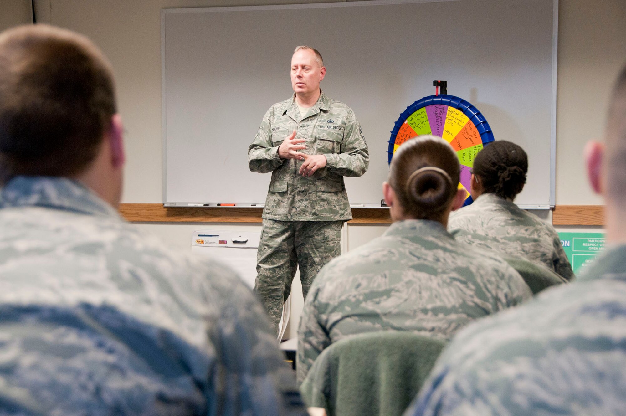 HANSCOM AIR FORCE BASE, Mass. – Chief Master Sgt. David Huerd, 66th Air Base Group superintendent and Hanscom’s senior enlisted advisor, speaks to Airmen during a First Term Airman Center class Feb. 22. In his new role, Huerd will serve as the voice of the base’s enlisted force and work with the installation commander to secure, sustain and support Hanscom. (U.S. Air Force photo by Mark Wyatt)