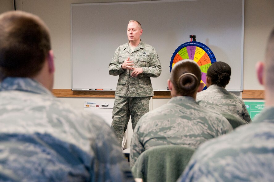 HANSCOM AIR FORCE BASE, Mass. – Chief Master Sgt. David Huerd, 66th Air Base Group superintendent and Hanscom’s senior enlisted advisor, speaks to Airmen during a First Term Airman Center class Feb. 22. In his new role, Huerd will serve as the voice of the base’s enlisted force and work with the installation commander to secure, sustain and support Hanscom. (U.S. Air Force photo by Mark Wyatt)