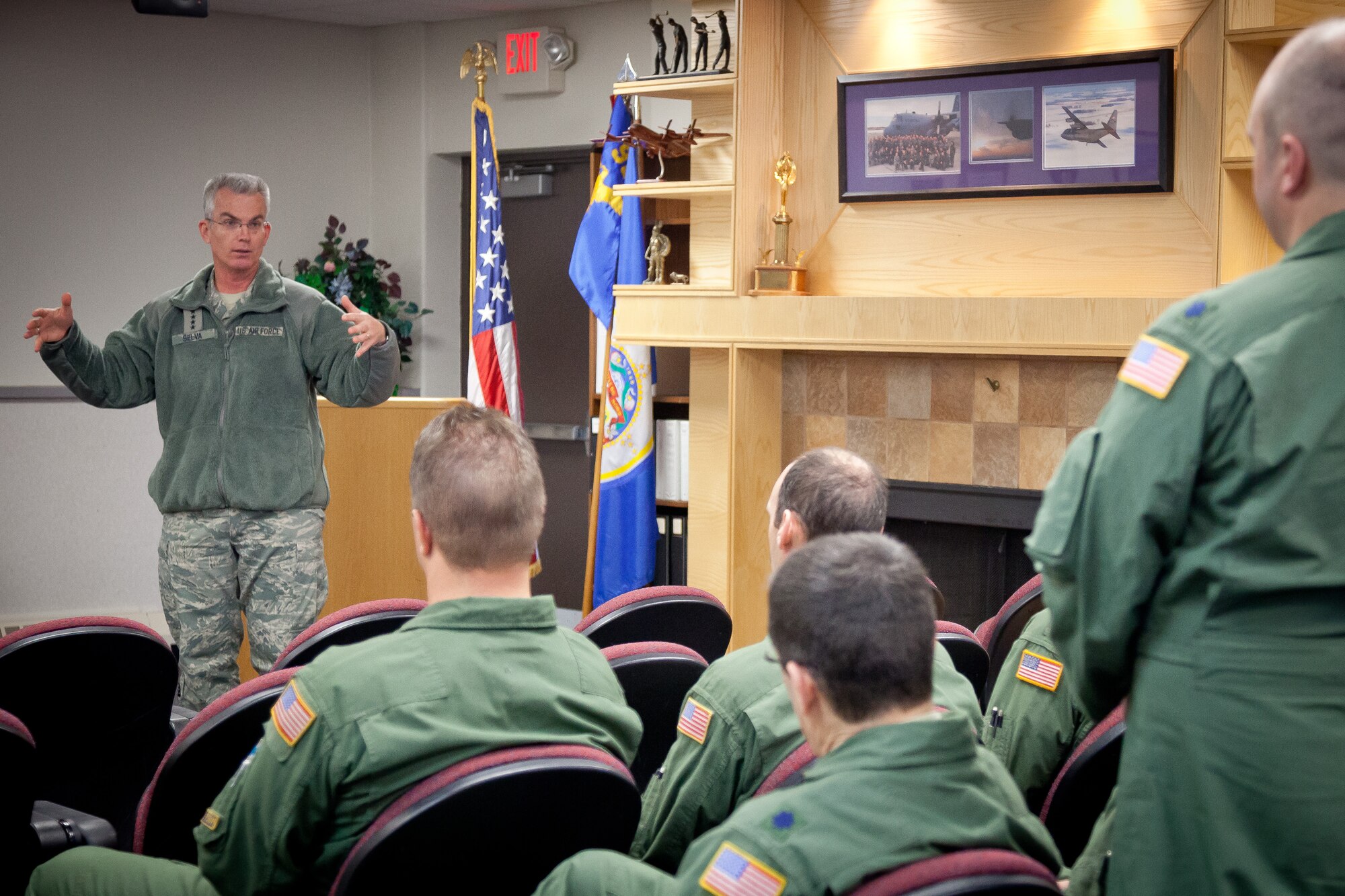 Gen. Paul J. Selva, Air Mobility Command commander, answers a question from Lt. Col. Donald L. Petros, 96th Airlift Squadron, during his visit to the 934th Airlift Wing at Minneapolis-St. Paul Air Reserve Station, Minn. (U.S. Air Force Photo/Shannon McKay)