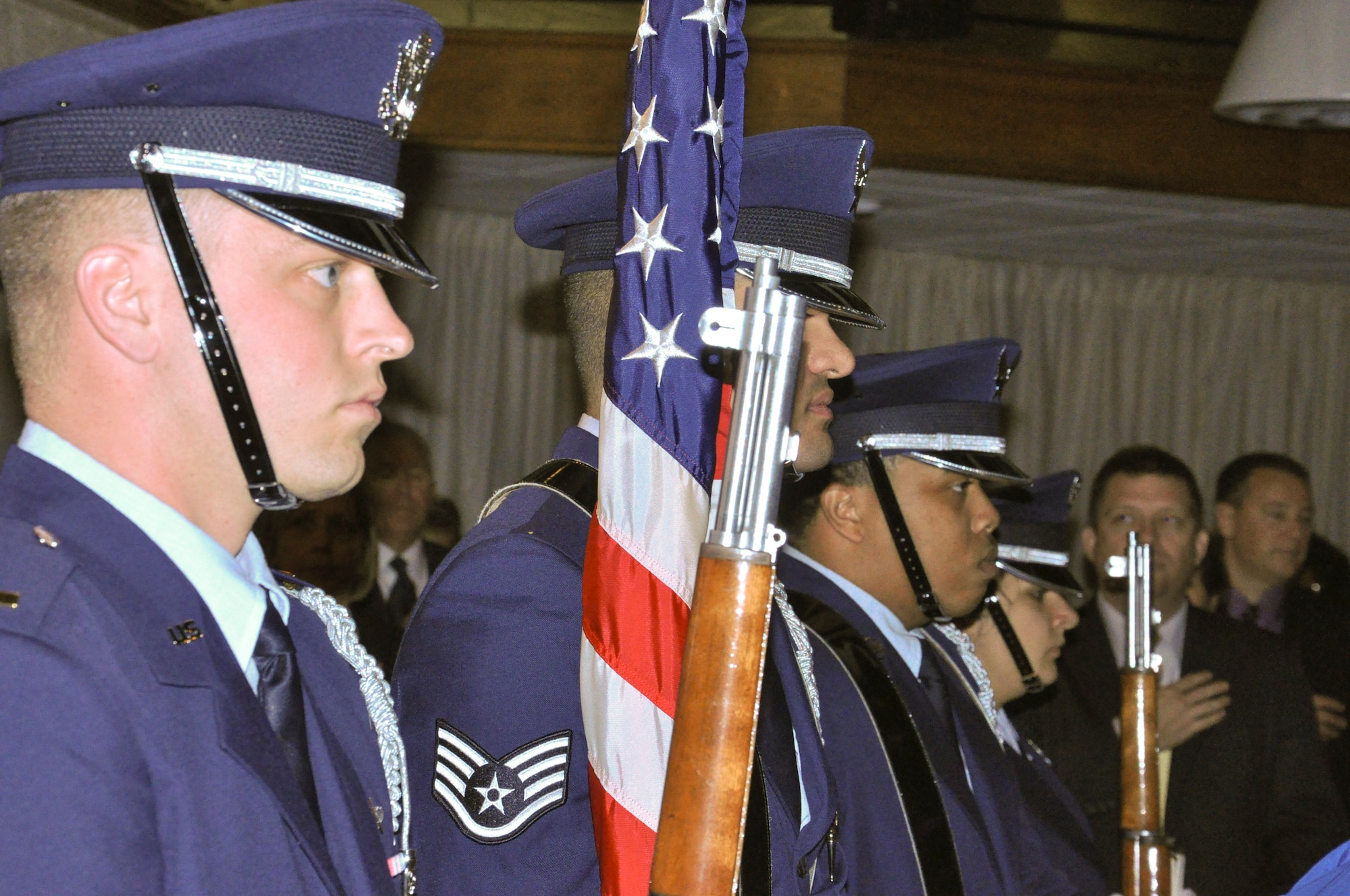 Members of the 45th Space Wing Honor Guard post the colors at the annual Civilian Military Community Relations Council Banquet, Saturday at the Tides.(U.S. Air Force Photo/Staff Sgt. Erin Smith)