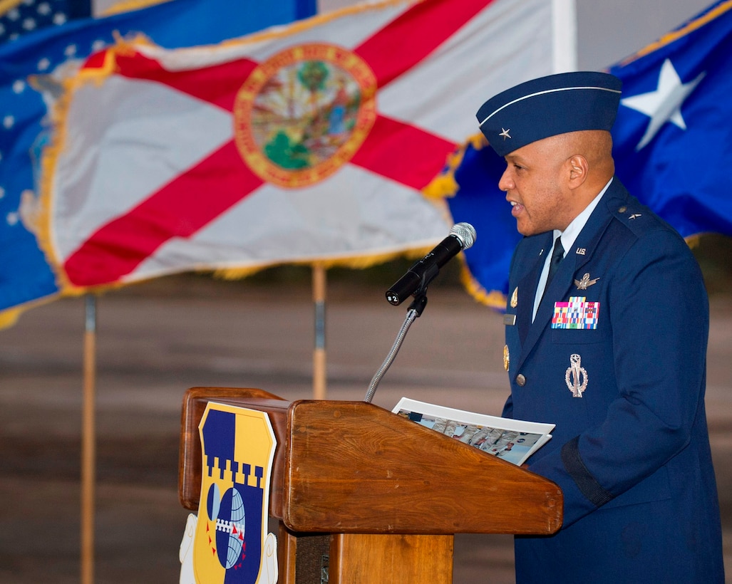 Brig. Gen. Anthony Cotton, commander, 45th Space Wing, pays tribute to those who gave the ultimate sacrifice during the 45th anniversary of the Apollo 1 tragedy. The ceremony was held to honor three American spaceflight heroes, Air Force Lt. Cols. Edward H. White II and Virgil "Gus" Grissom, along with the third member of their Apollo 1 team, Navy Lt. Cmdr. Roger Chafee, who were all killed during a "full dress rehearsal" in their Saturn 1B rocket Jan 27, 1967. (U.S. Air Force Photo/ Matthew Jurgens)
