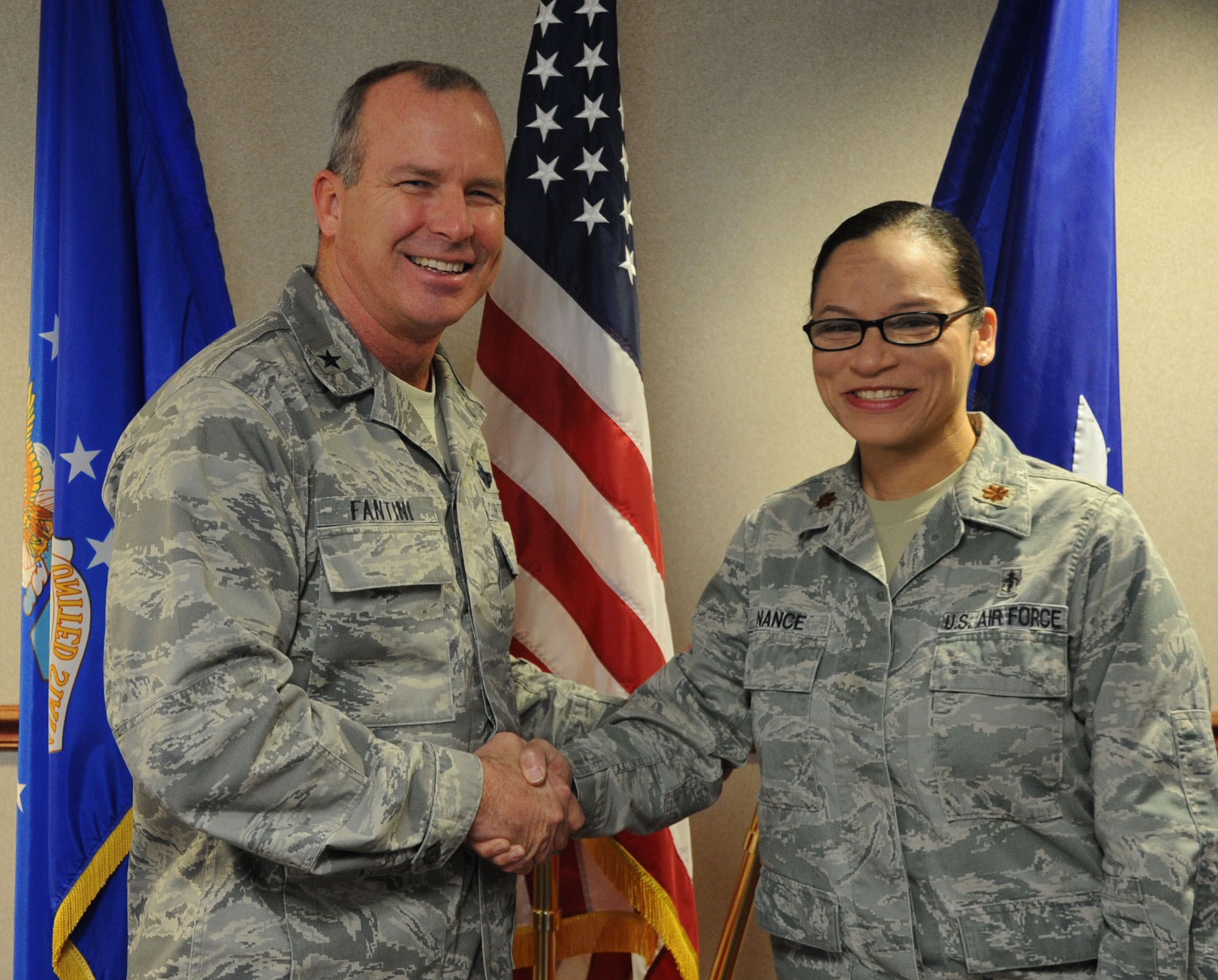 Brig. Gen. Michael Fantini, 82nd Training Wing commander, congratulates Maj. (Dr.) Stefanie Nance, 82nd Medical Operations Squadron, on her selection as the "Commander's Wingman of Choice" for Jan. 28. - Feb. 1.  The honor is awarded weekly for outstanding duty performance and for being a good Wingman. (U.S. Air Force photo/Airman 1st Class Jelani Gibson)