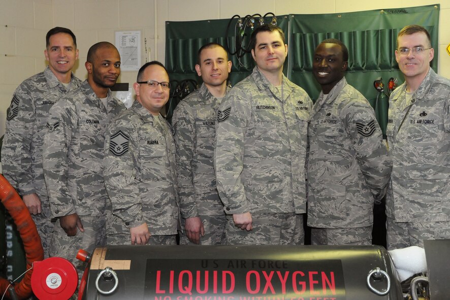 MINOT AIR FORCE BASE, N.D. -- The 5th Maintenance Squadron's Electro-Environmental Section has 13 technicians who support multiple agencies on Minot Air Force Base to include the 91st Missile Wing, 5th Operations Group and 5th Maintenance Group. They service and repair 19 liquid and gaseous oxygen carts. These carts provide Minot's B-52H Stratofortress fleet with breathing oxygen, essential to high-altitude flight.  Additionally, they perform major inspections and maintenance on the 5th Bomb Wing's B-52H aircraft and 91st MW's UH-1 helicopters. Finally, they maintain 28 life raft inflation assemblies which are essential to aircrew emergency evacuation. (Photo courtesy of the Command Chief's Office)
