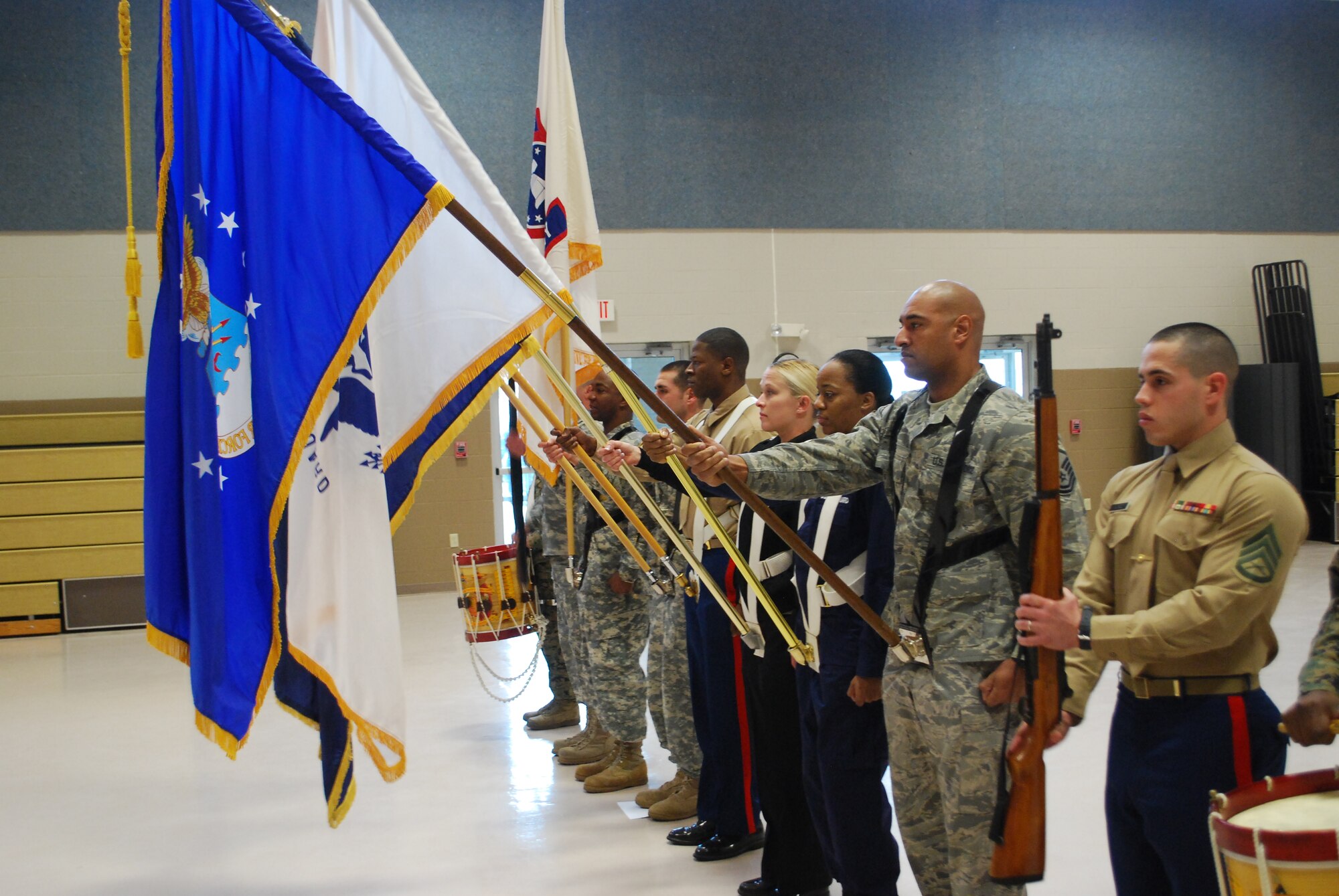 Members of Joint Armed Forces Color Guard practice presenting the nation’s colors at Naval Air Station Joint Reserve Base in Belle Chase, La., Jan. 15, 2013. The color guard will perform at the start of Super Bowl XLVII in New Orleans, Feb. 3, 2013. Master Sgt. Antonio Frese will hold the Air Force flag during the opening ceremony. Frese is a recruiter with the 331st Recruiting Squadron. (U.S. Army photo/Jennifer Villaume)