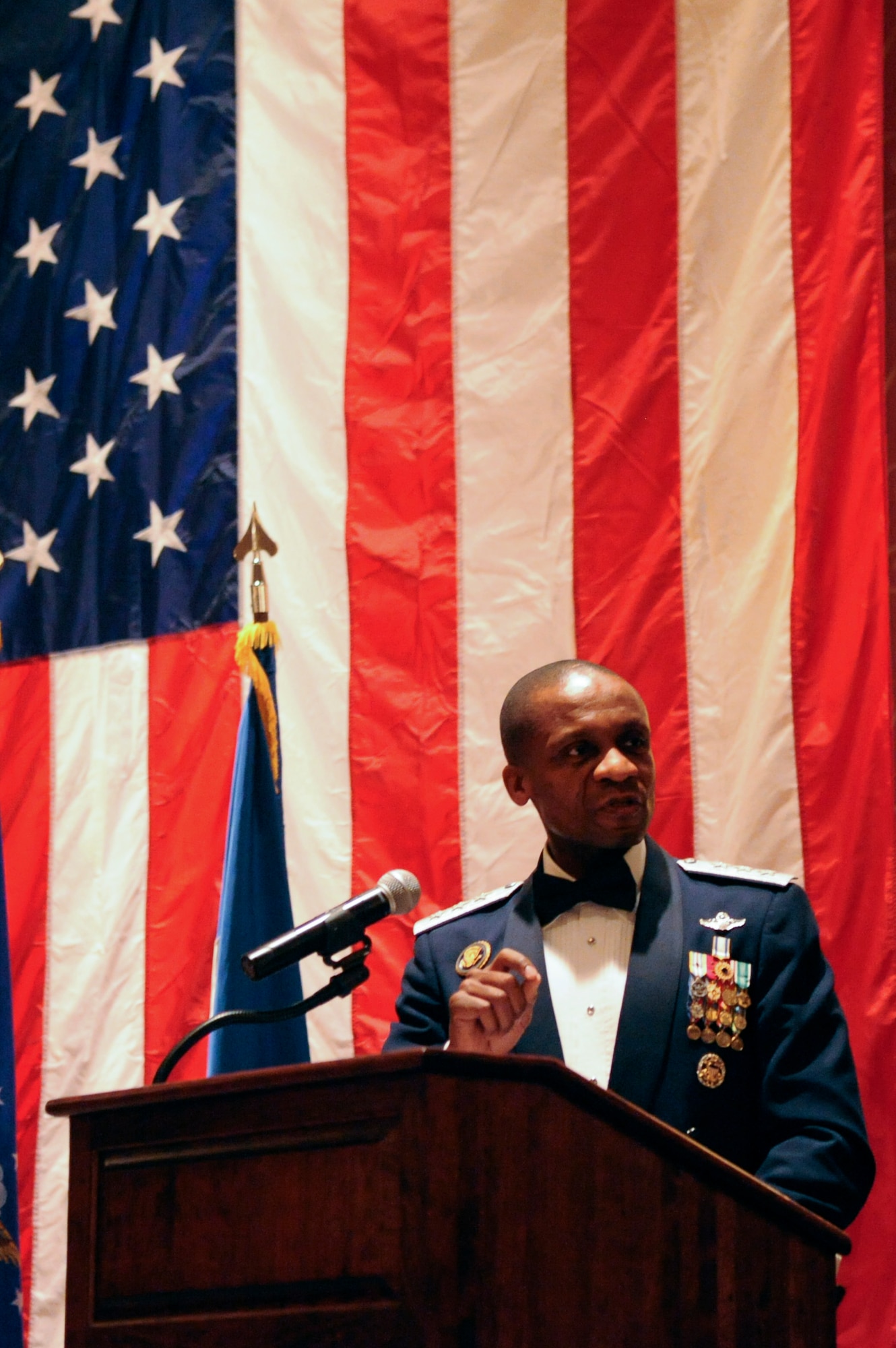 Lt. Gen. Darren McDew, 18th Air Force commander, speaks during the Annual Awards Banquet Jan. 28, 2013, at Little Rock, Ark. He spoke about the importance of recognizing Airmen. (U.S. Air Force photo by Senior Airman Rusty Frank)