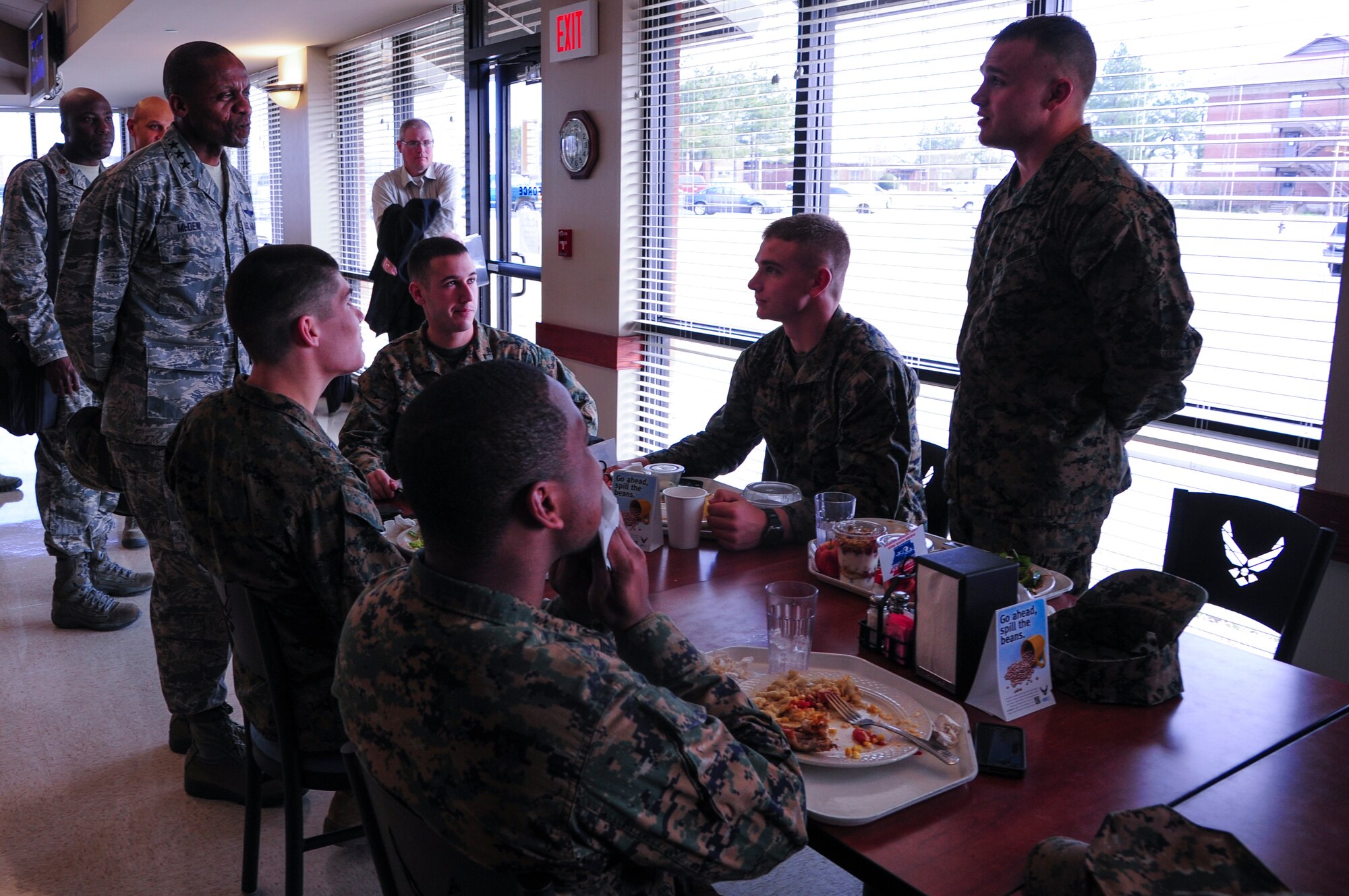 Lt. Gen. Darren McDew, 18th Air Force commander, speaks to Marines Jan. 25, 2013, at the dining facility, Little Rock Air Force Base, Ark. McDew visited with Team Little Rock members while touring base facilities and spoke at the Annual Awards Banquet. (U.S. Air Force photo by Airman 1st Class Kaylee Clark)