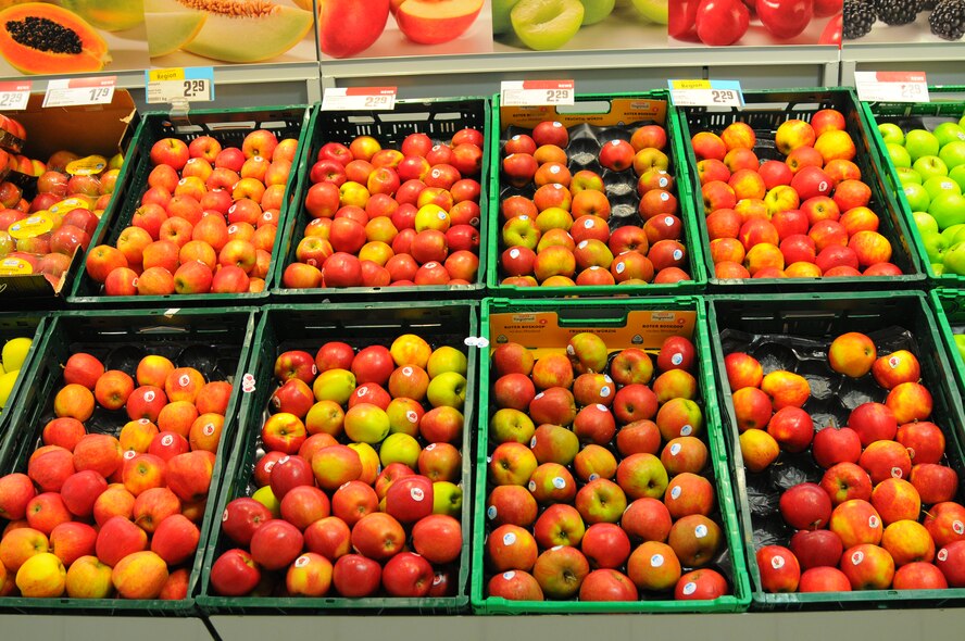 SPEICHER, Germany – Produce sits at a supermarket Jan. 29, 2013. Every supermarket carries a large variety of fruit, vegetables and salads, including some organic products. These items are usually located in the front of the market. People can pick the items, weigh them on a scale and place them in plastic bags that are available in the section. (U.S. Air Force photo by Iris Reiff/Released)