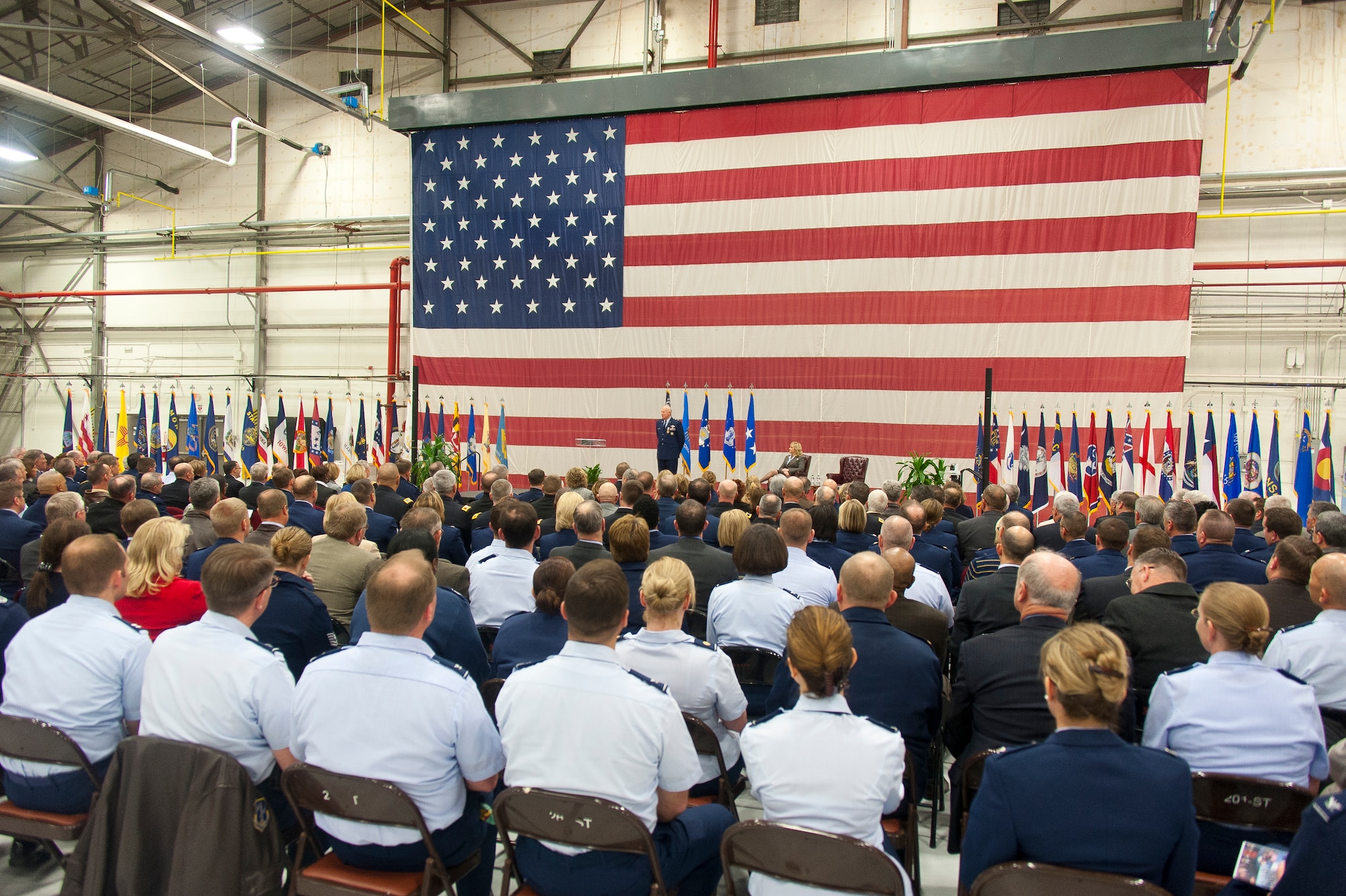 Air Force Lt. Gen. Harry M. Wyatt III, the director of the Air National Guard, addresses the audience during his retirement ceremony Jan. 29, 2013, at Joint Base Andrews, Md. Wyatt retired after more than 40 years of military service culminating as the Director of the ANG where he was responsible for formulating, developing and coordinating all policies, plans, and programs affecting more than 106,700 ANG members in 89 wings and more than 200 geographically separated units throughout the United States, the District of Columbia, Puerto Rico, Guam and the Virgin Islands. (National Guard photo by Master Sergeant Marvin Preston/RELEASED)