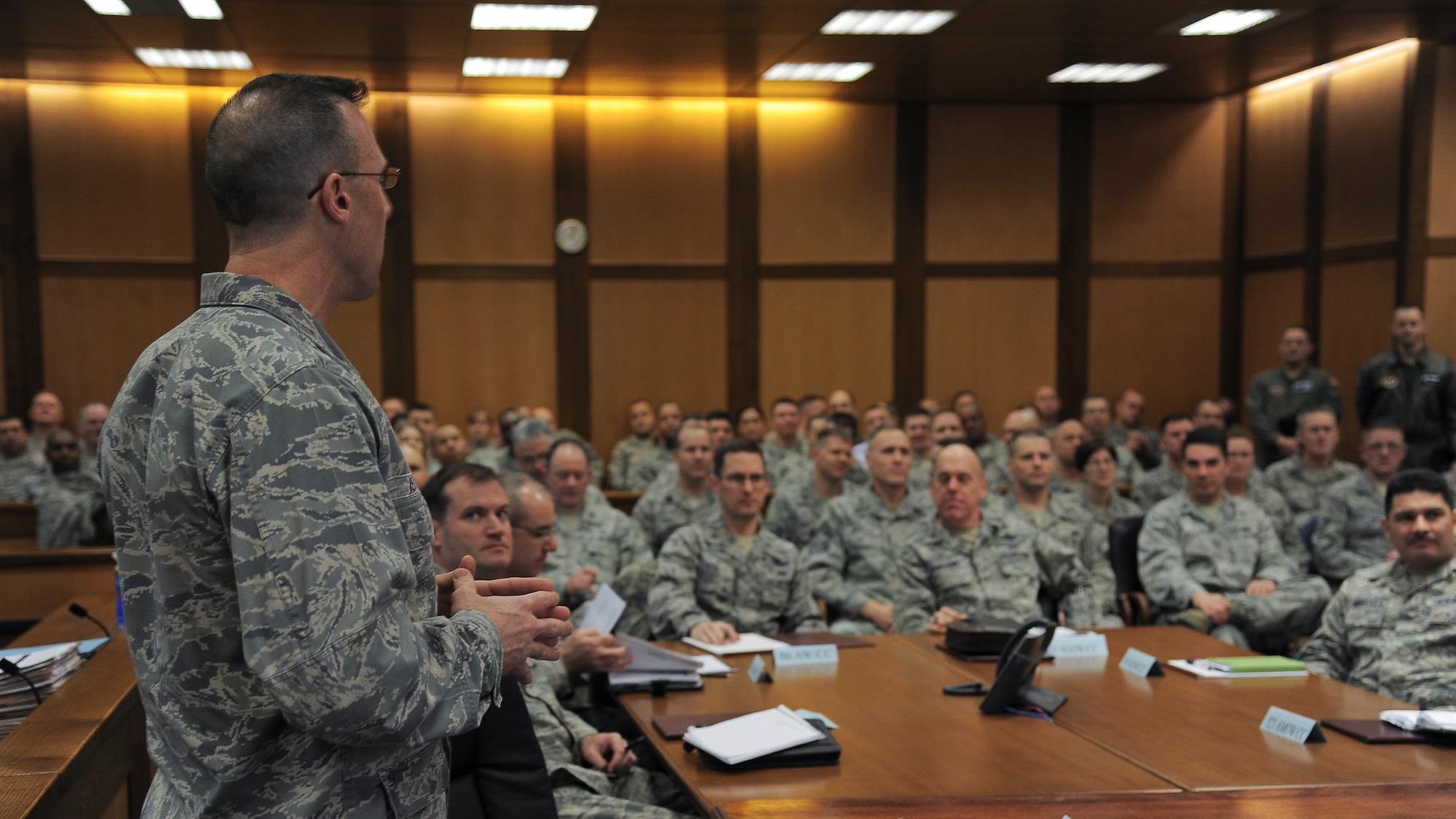 Col. Michael Vecera, 86th judge advocate, briefs commanders from the 86th Airlift Wing, 435th Air Ground Operations Wing, 521st Air Mobility Wing and their unit leaders during a status of discipline meeting on Ramstein Air Base, Germany, Jan. 30, 2013. The status of discipline meeting is a tool used to discuss previous disciplinary actions that were taken. (U.S. Air Force photo/Airman 1st Class Jordan Castelan)