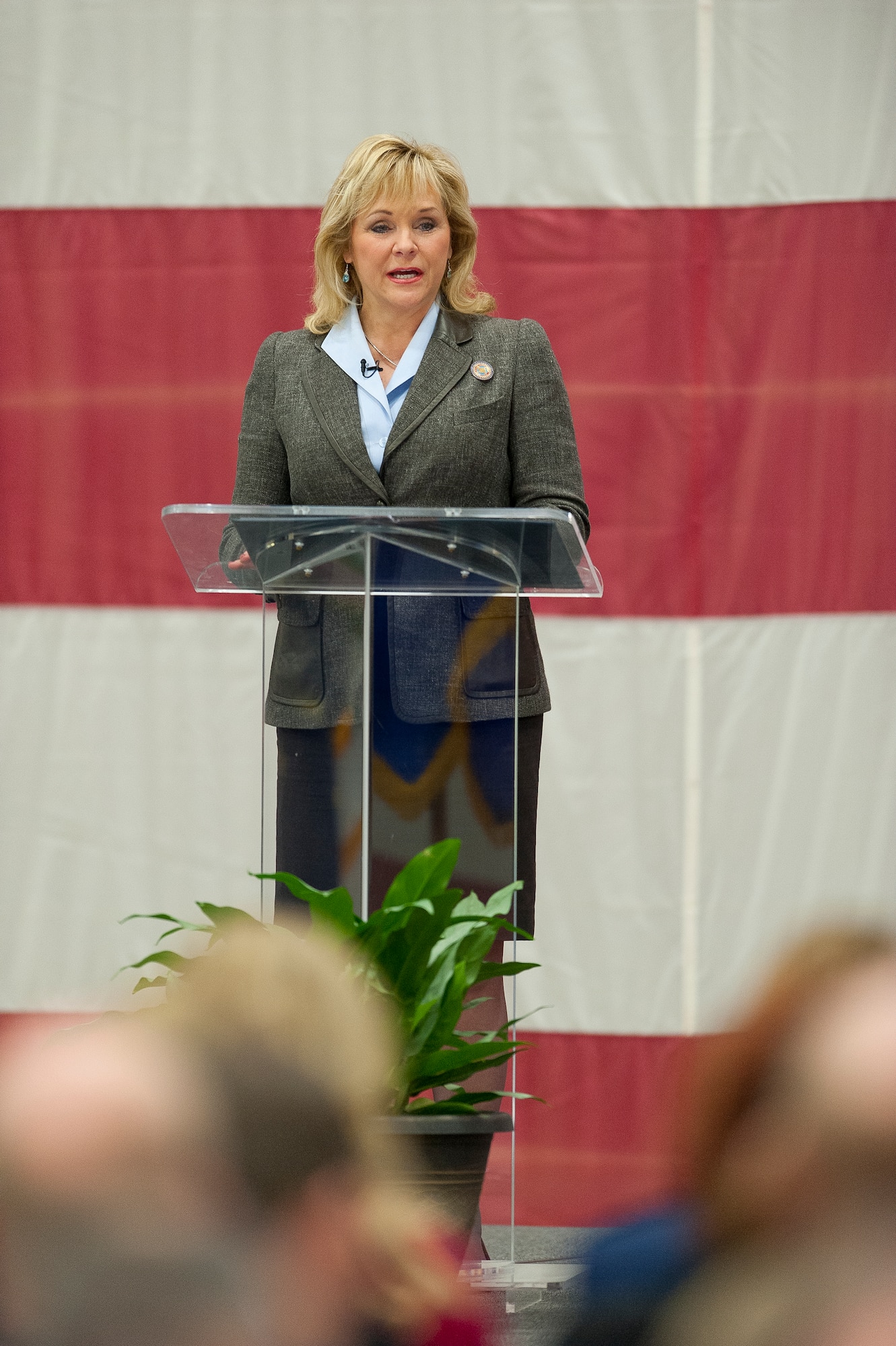 Oklahoma Gov. Mary Fallin addresses the audience during Air Force Lt. Gen. Harry M. Wyatt III, the director of the Air National Guard, retirement ceremony Jan. 29, 2013, at Joint Base Andrews, Md. Wyatt retired after more than 40 years of military service culminating as the Director of the ANG where he was responsible for formulating, developing and coordinating all policies, plans, and programs affecting more than 106,700 ANG members in 89 wings and more than 200 geographically separated units throughout the United States, the District of Columbia, Puerto Rico, Guam and the Virgin Islands. (National Guard photo by Master Sgt. Marvin Preston/RELEASED)
