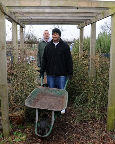 Staff Sgt. Patrick Church, 100th Logistics Readiness Squadron basic licensing official from Jamesville, Va., takes his wheel-barrow to retrieve more bark while volunteering Jan. 29, 2013, at Busy Bees nursery, Beck Row, England. The 22 military members came out to help with ground maintenance at the nursery as part of a quarterly squadron volunteer day. (U.S. Air Force photo by Gina Randall/Released)