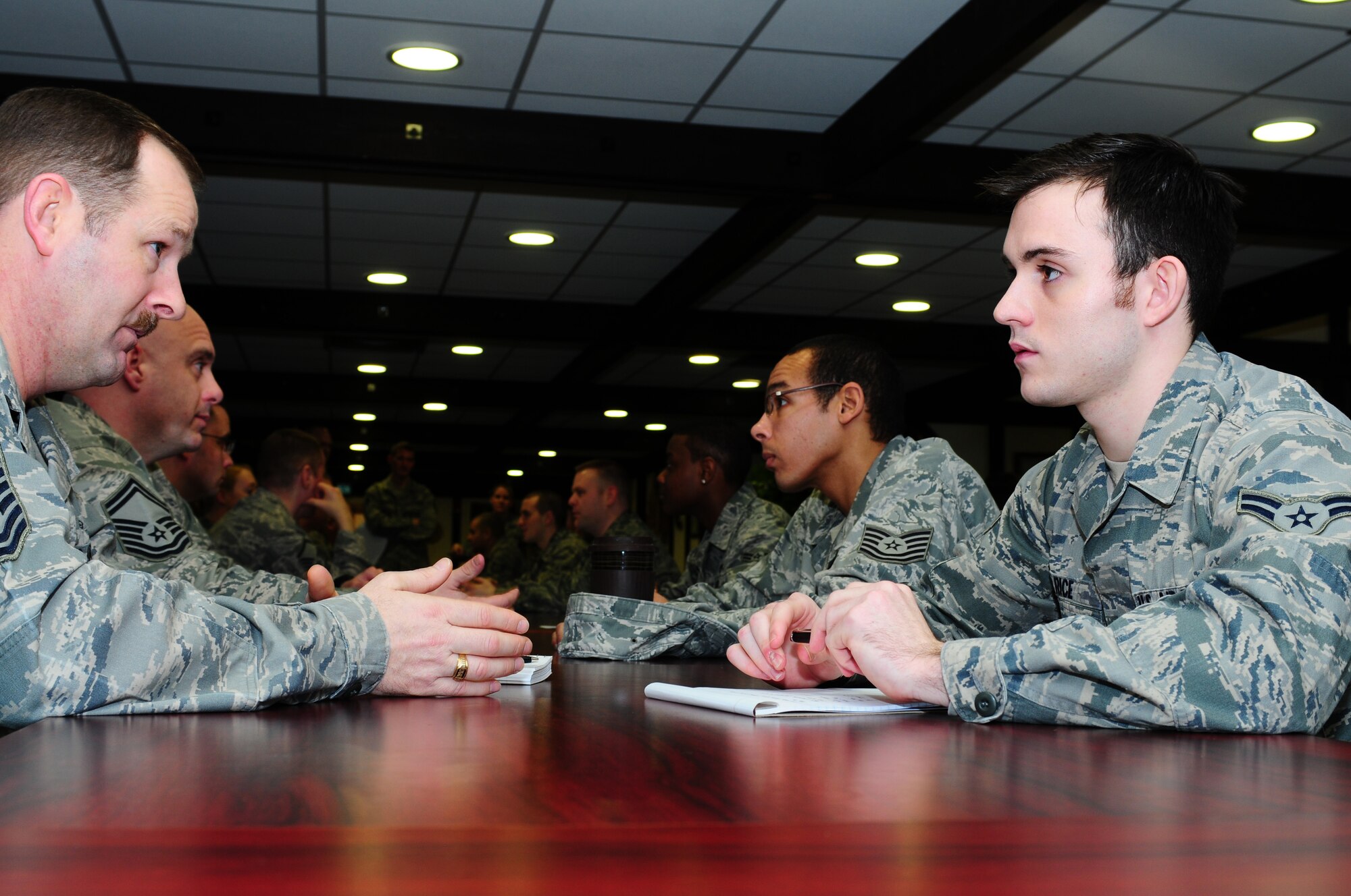 ROYAL AIR FORCE LAKENHEATH, England - Airman 1st Class Kyle Rice, 48th Medical Group medical readiness technician, asks Senior Master Sgt. Shawn Petro, 48th Aerospace Medical Squadron superintendent, about promotions Jan. 28, 2013. The Liberty Wing Top 3 sponsored the first ever 48th Fighter Wing speed mentoring event where Airman through technical sergeant spent five minutes with a Senior NCO to ask them questions before moving on to the next Senior NCO. (U.S. Air Force photo by Airman 1st Class Dana Butler)

