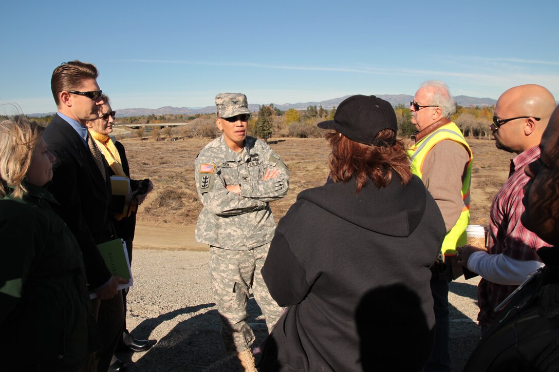 Col. Mark Toy, commander of the Army Corps' Los Angeles District, receives a Jan. 7 briefing and inspects the area in Sepulveda Basin where vegetation removal in early December 2012 led to concerns from environmentalists and local residents.