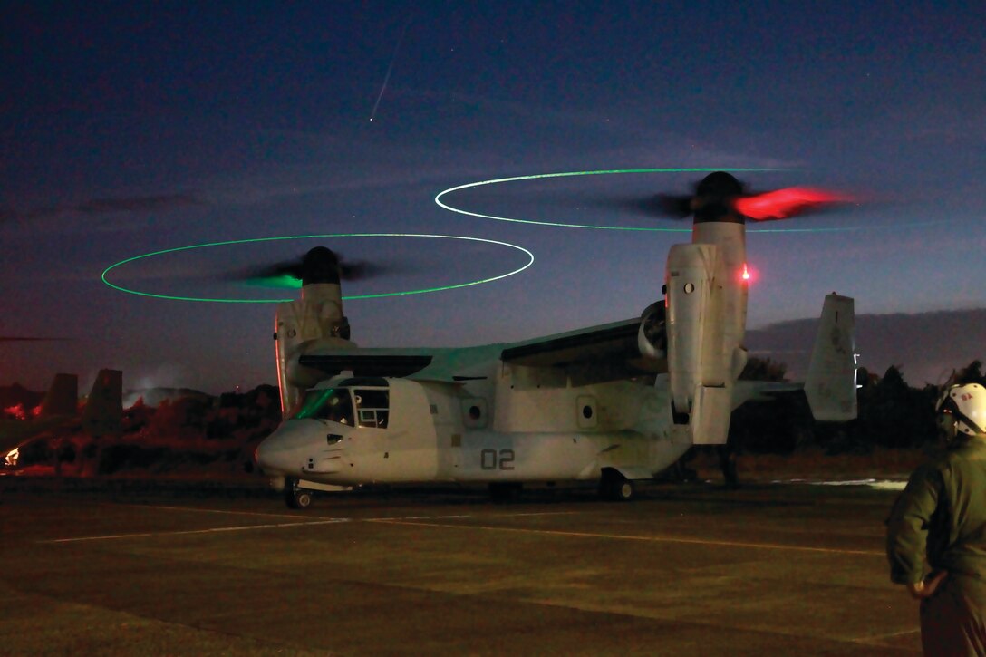 An MV-22 Osprey prepares for take off for night low-altitude training Jan. 24 on Antonio Bautista Air Base in Puerto Princesa, Palawan, Republic of the Philippines. Ospreys conducted day and night low-altitude training Jan. 23-24 in the Republic of the Philippines, marking the Marine Corps’ first Osprey training in the Republic of the Philippines and the first low-altitude training the pilots and crew have conducted since the aircraft’s Oct. 2012 arrival to Okinawa. The Osprey is with Marine Medium Tiltrotor Squadron 265, Marine Aircraft Group 36, 1st Marine Aircraft Wing, III Marine Expeditionary Force.