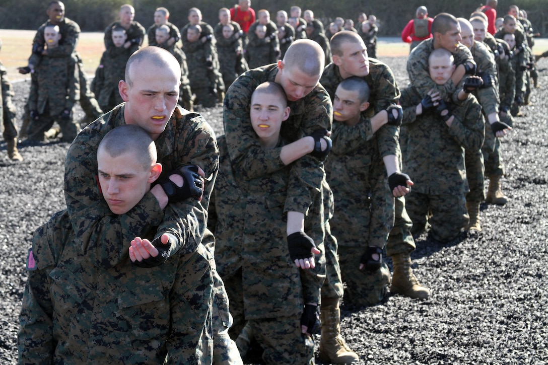 A recruit from Mike Company, 3rd Recruit Training Battalion, applies a choke  hold during a Marine Corps Martial Arts Program test at Marine Corps  Recruit Depot San Diego, July 20. The recruits