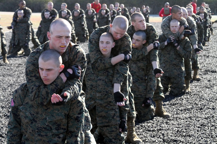 Recruits of Company C, 1st Recruit Training Battalion, practice the figure-four variation choke hold during a Marine Corps Martial Arts Program session aboard Marine Corps Recruit Depot San Diego Jan. 14. The figure-four variation is a blood choke that causes the enemy to pass out faster. It is also a safer way to subdue an enemy with out causing too much harm.