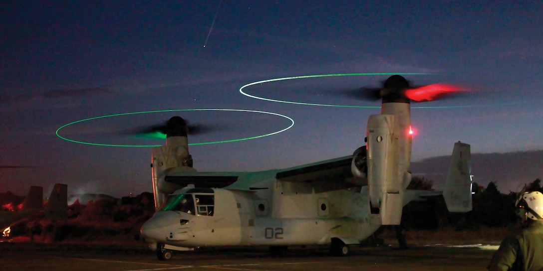 An MV-22 Osprey prepares for take off for night low-altitude training Jan. 24 on Antonio Bautista Air Base in Puerto Princesa, Palawan, Republic of the Philippines. Ospreys conducted day and night low-altitude training Jan. 23-24 in the Republic of the Philippines, marking the Marine Corps’ first Osprey training in the Republic of the Philippines and the first low-altitude training the pilots and crew have conducted since the aircraft’s Oct. 2012 arrival to Okinawa. The Osprey is with Marine Medium Tiltrotor Squadron 265, Marine Aircraft Group 36, 1st Marine Aircraft Wing, III Marine Expeditionary Force. 