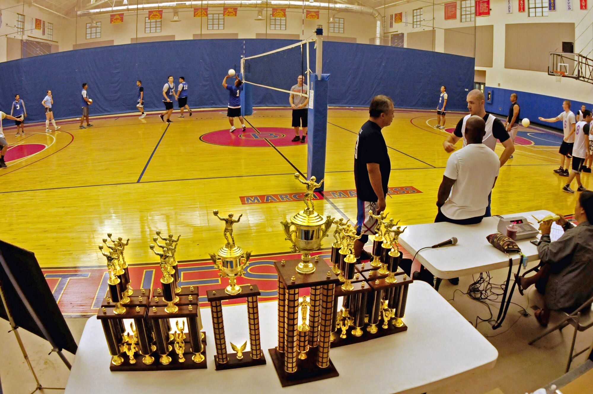 The championship trophies await presentation during the intramural volleyball championships at Andersen Air Force Base, Guam, Jan. 28, 2013. The 36th Operations Support Squadron defeated the 36th Force Support Squadron to claim the base championship for intramural volleyball. (U.S. Air Force photo/Airman 1st Class Marianique Santos/Released)