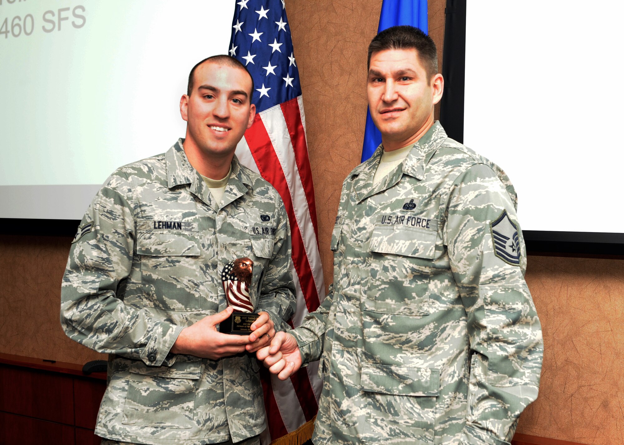 Airman 1st Class Terrell Lehman, 460th Security Forces Squadron, is 460th Space Wing's Airman of the Month! Airman Lehman searched more than 700 vehicles and 800 people in order to help secure Buckley AFB. In addition, he managed his squadron...’s “Adopt a Classroom” project where he recruited 20 volunteers to teach math to more than 90 elementary school students.

The Airman of the Month program recognizes the monthly top performer in the grades of E-1 to E-4. (U.S. Air Force photo by Senior Airman Marcy Glass/Released)
