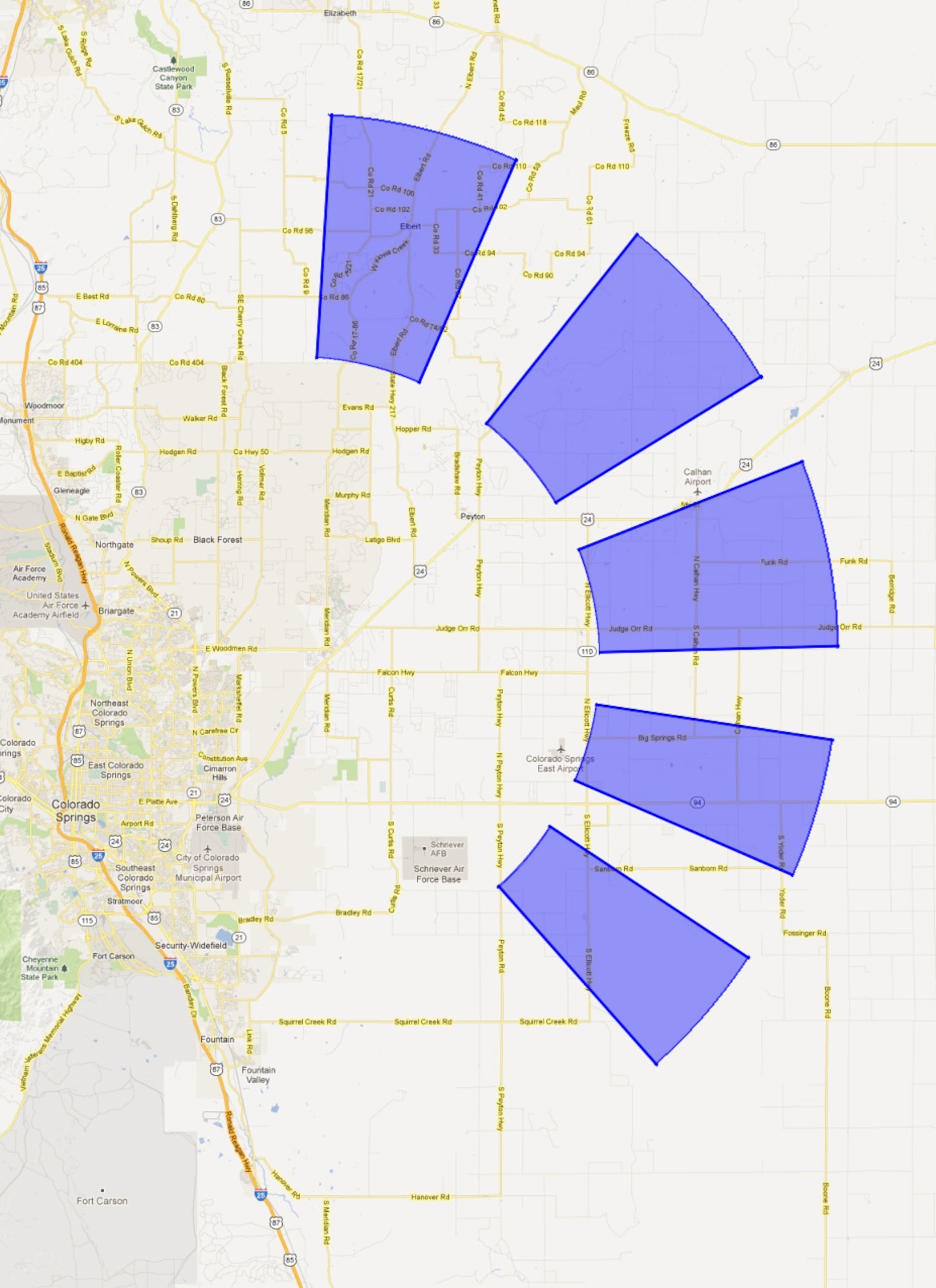 The 557th Flying Training Squadron will use airspace east of Colorado Springs near the highlighted areas to conduct powered flight training. The change means that people living in areas near Monument, Calhan and Peyton may see and hear Air Force Academy aircraft, including T-53 and DA-40 single-engine planes. (courtesy image/Google Maps)