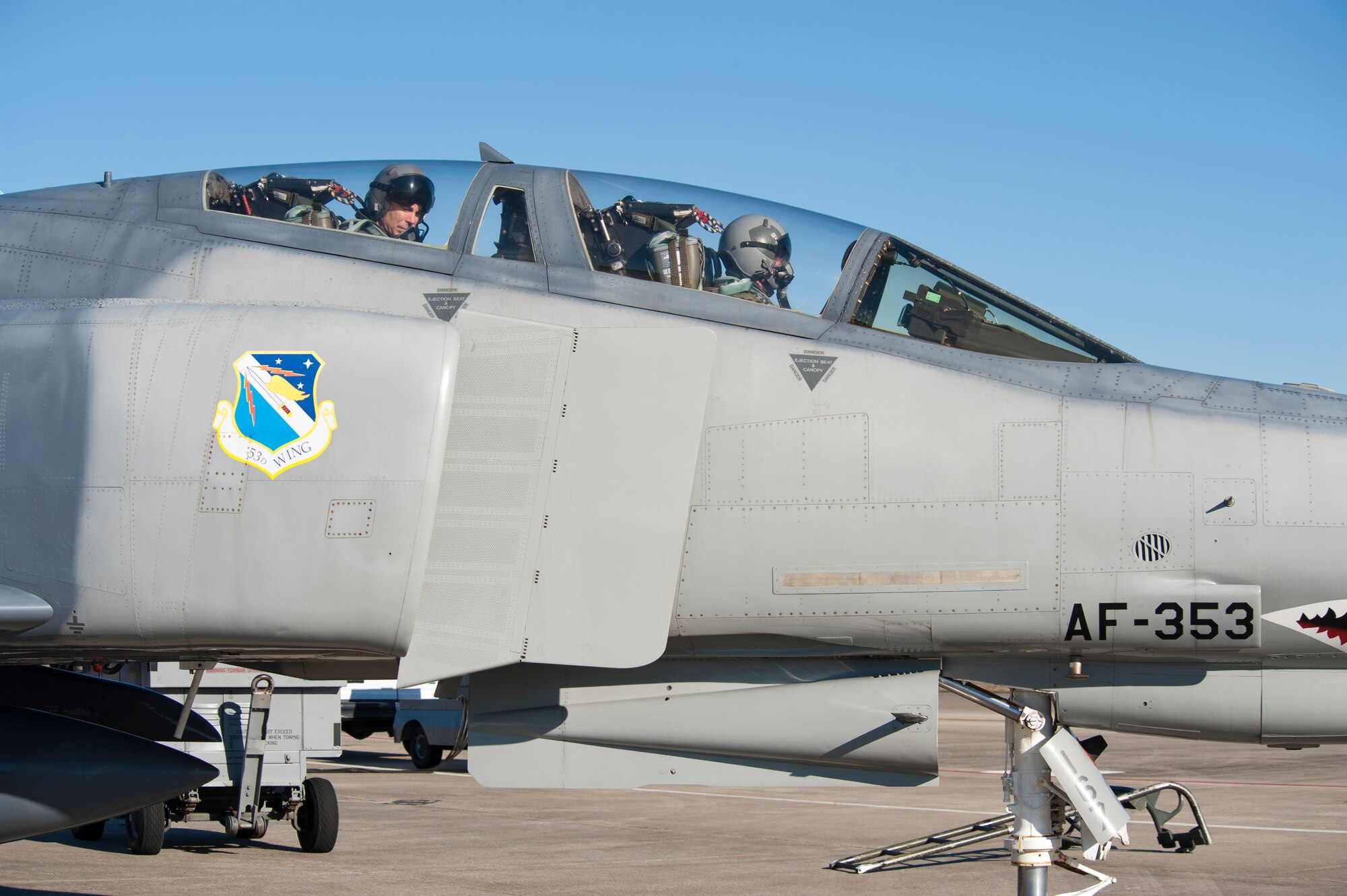 Lt. Gen. William Rew, Air Combat Command vice commander, and Lt. Col. Lance Wilkins, 82nd Aerial Targets Squadron commander, prepare to take flight in a F-4 Phantom at the 53rd Weapons Evaluation Group, 82nd Aerial Targets Squadron, a tenant unit here from the 53rd Wing out of Eglin Air Force Base, Fla. Jan. 31. (U.S Air Force photo by Lisa Norman)