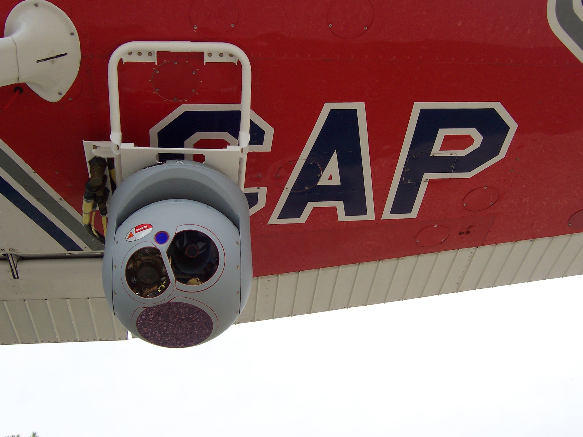 Close up photo of the AFRL-designed ISR sensor installed on the Civil Air Patrol Cessna 182. (Civil Air Patrol photo)