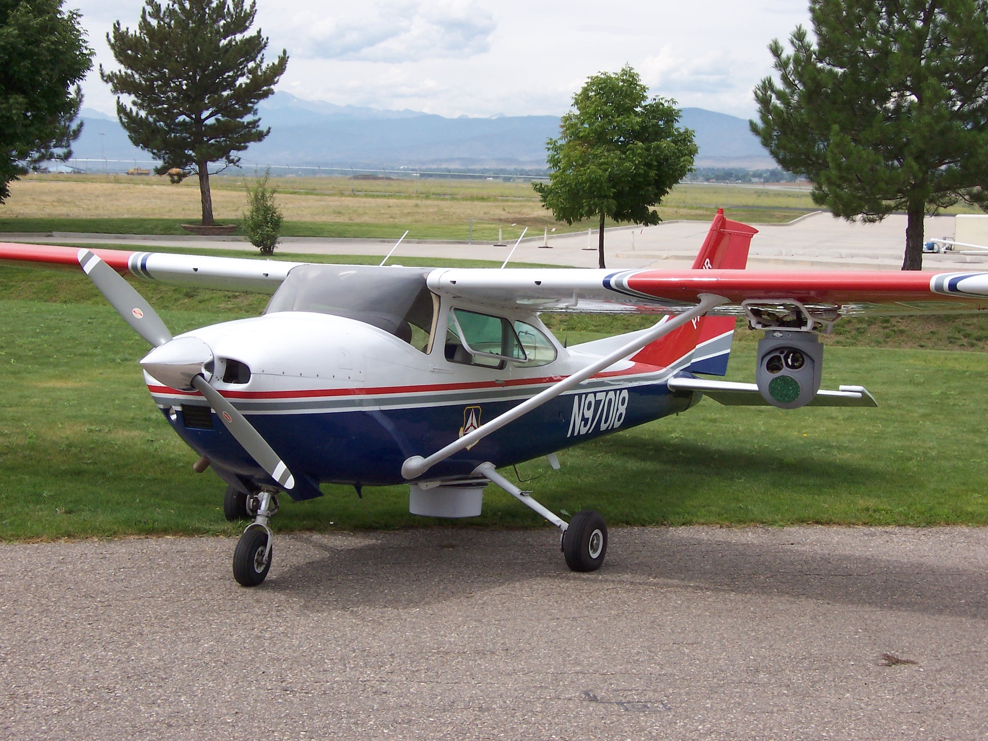 The Civil Air Patrol’s Cessna 182, which uses an AFRL-designed intelligence, surveillance and reconnaissance sensor to relay real-time video to the ground for battlefield situational awareness through an AFRL-installed infrared downlink.  (Civil Air Patrol photo)