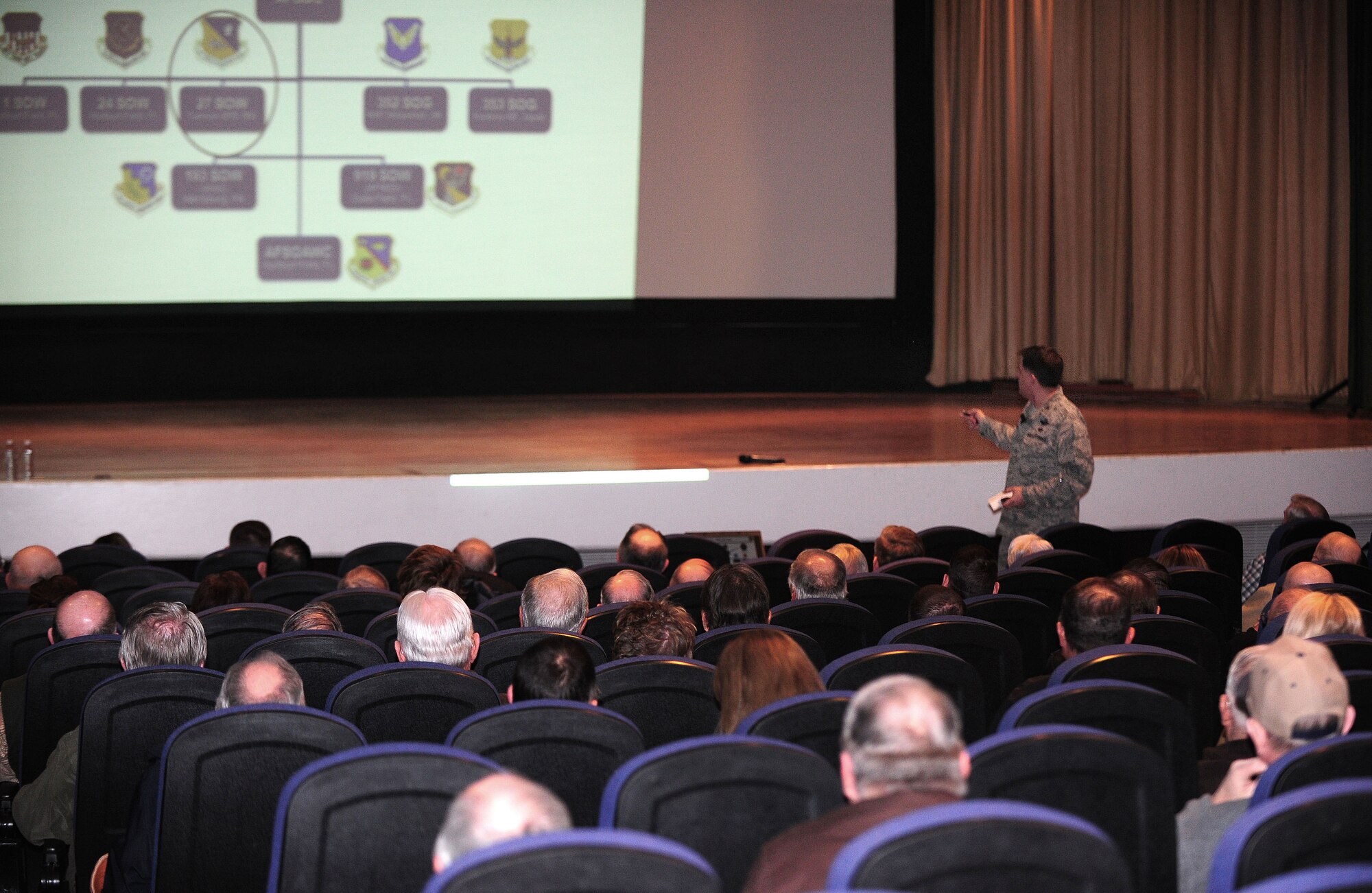 U.S. Air Force Col. Buck Elton, 27th Special Operations Wing commander, speaks to a group of local landowners during a meeting at Cannon Air Force Base, N.M., Jan. 30, 2013. The meeting was held to discuss the concerns landowners might have regarding wind turbine development in the immediate vicinity of the base. (U.S. Air Force photo/Airman 1st Class Ericka Engblom)