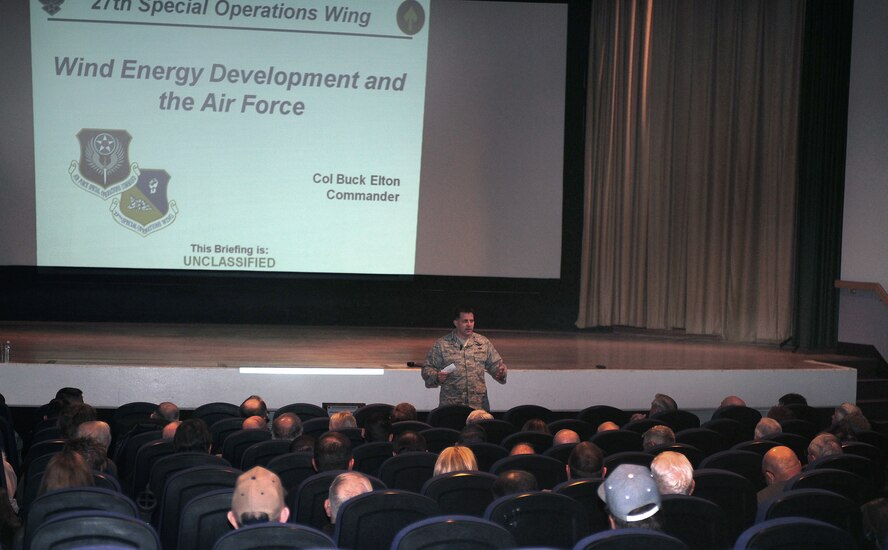 U.S. Air Force Col. Buck Elton, 27th Special Operations Wing commander, speaks to a group of local landowners during a meeting at Cannon Air Force Base, N.M., Jan. 30, 2013. The meeting was held to discuss the concerns landowners might have regarding wind turbine development in the immediate vicinity of the base. (U.S. Air Force photo/Airman 1st Class Ericka Engblom)