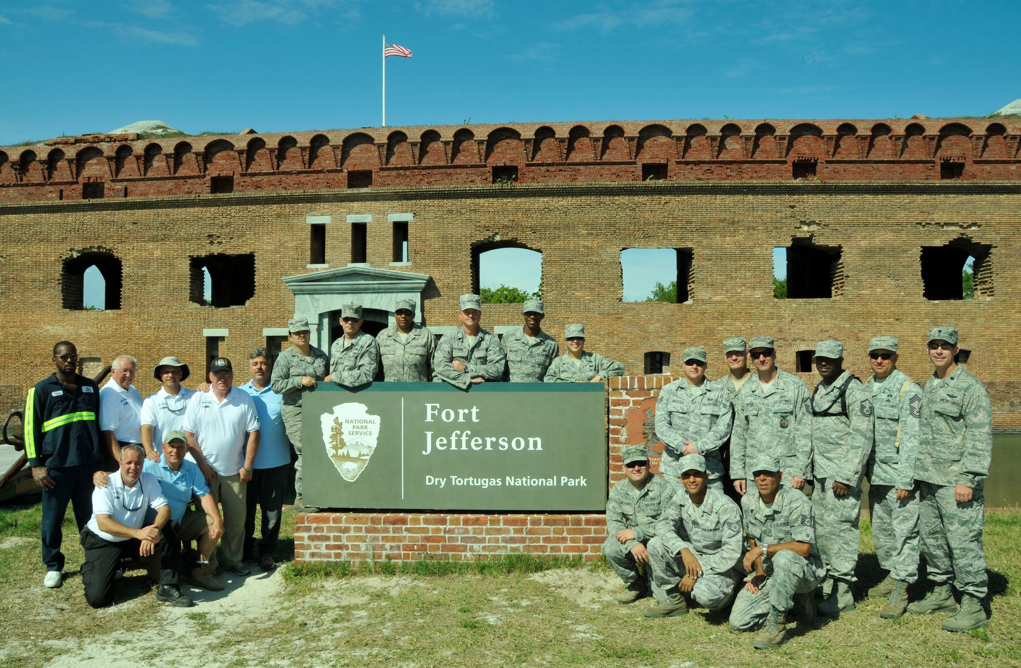 Air Force reservists both active and retired from Homestead Air Reserve Base’s 482nd Civil Engineer Squadron gathered at Fort Jefferson over several days in January to participate in a maintenance project for the National Park Service. 15 active reservists, six retired reservists, and one civilian contractor set up shop at Fort Jefferson as a training mission. The main project of the training was the construction of four reinforced concrete bases for large, 24-ton restored cannons to replicate the historical weapon's footprint. (U.S. Air Force photo/Ross Tweten)