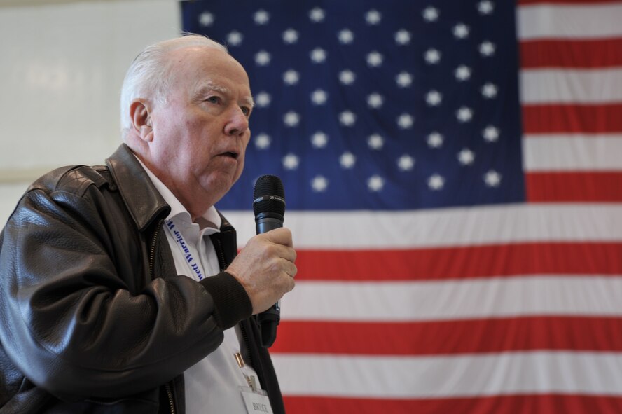 Retired U.S. Army Col. Bruce Crandall, Medal of Honor recipient, speaks with Airmen from the 432d Wing/432d Air Expeditionary Wing and visiting wounded warriors during their visit to Creech AFB, Jan. 28. The wounded warriors came to Creech as part of a tour of the Las Vegas area. (U.S. Air Force photo by Staff Sgt. Nadine/Released) 

