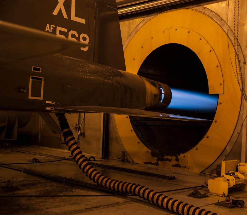 A T-38 Talon’s engine is set to full power after an engine wash in the Hush House at Laughlin Air Force Base, Texas, Jan. 22, 2013. The 11 T-38 engine mechanics keep 66 T-38 Talons operational to support Laughlin’s mission of producing the world’s best pilots. (U.S. Air Force photo/2nd Lt. David Tart) 