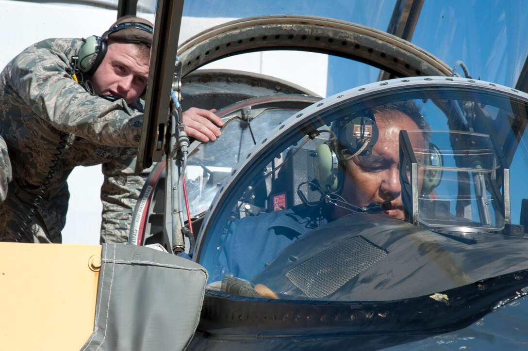 2nd Lt. Logan DiBiasio, 47th Student Squadron, and David Astoga, 47th Maintenance Directorate engine mechanic, trim a T-38 Talon’s engines at the Trim Pad at Laughlin Air Force Base, Texas, Jan. 22, 2013. The 11 T-38 engine mechanics keep 66 T-38 Talons operational to support Laughlin’s mission of producing the world’s best pilots. (U.S. Air Force photo/2nd Lt. David Tart)