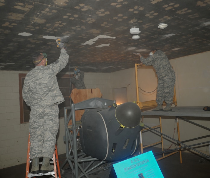 Barksdale Global Power Museum volunteers renovate a room for a future exhibit on Barksdale Air Force Base, La., Jan. 30. The museum is currently undergoing renovations to house new exhibits. One exhibit will be "Where we are now", which will showcase the evolution the base has gone through from being a part of the Strategic Air Command to Air Combat Command and then becoming the current home of the Air Force Global Strike Command. (U.S. Air Force photo/Airman 1st Class Benjamin Gonsier)
