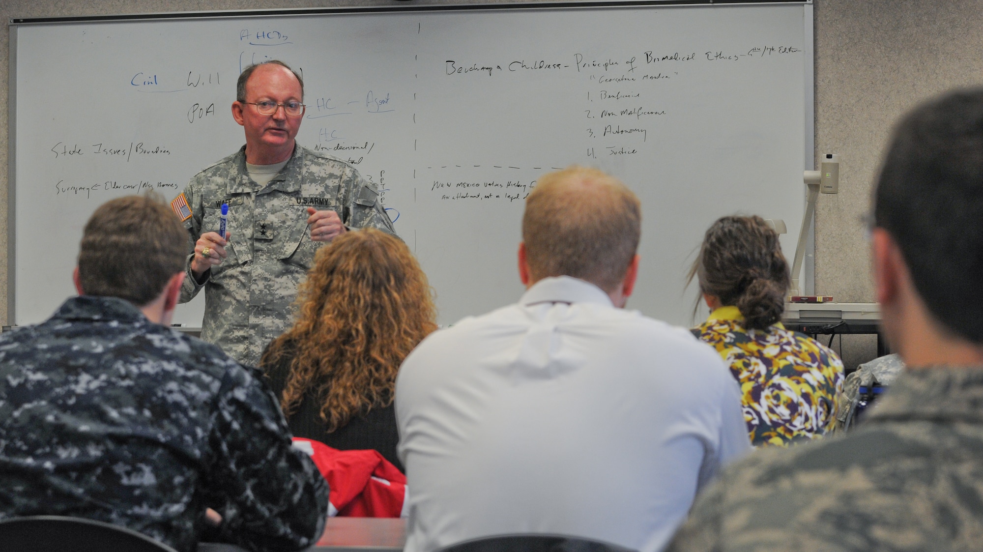 Maj. Gen. William D. Razz Waff, 99th Regional Support Command commanding general, conducts a special seminar on biomedical ethics for nearly two-dozen medical students Jan. 22, 2013, at the Philadelphia College of Osteopathic Medicine, in Philadelphia, Pa.  The seminar is a part of the military’s F. Edward Hébert Armed Forces Health Professions Scholarship Program. Waff was invited to speak to the students during their Association of Military Osteopathic Physicians and Surgeons meeting. (U.S. Army photo by Staff Sgt. Shawn Morris/Released)