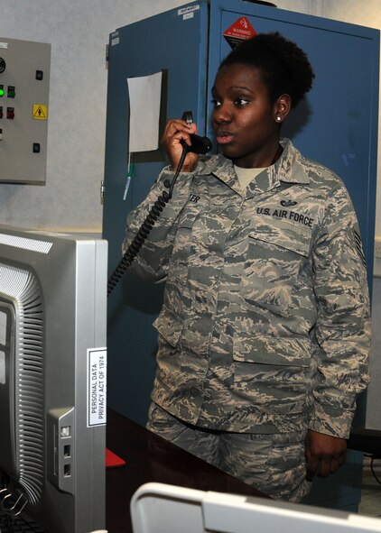 Tech. Sgt. Rene Brewster, 488th Intelligence Squadron watch supervisor from Fort Leonard Wood, Miss., provides communications support to deployed forces Jan. 29, 2013, at RAF Mildenhall, England. The 488th IS supports intelligence requirements for three areas of responsibility. (U.S. Air Force photo by Gina Randall/Released)
