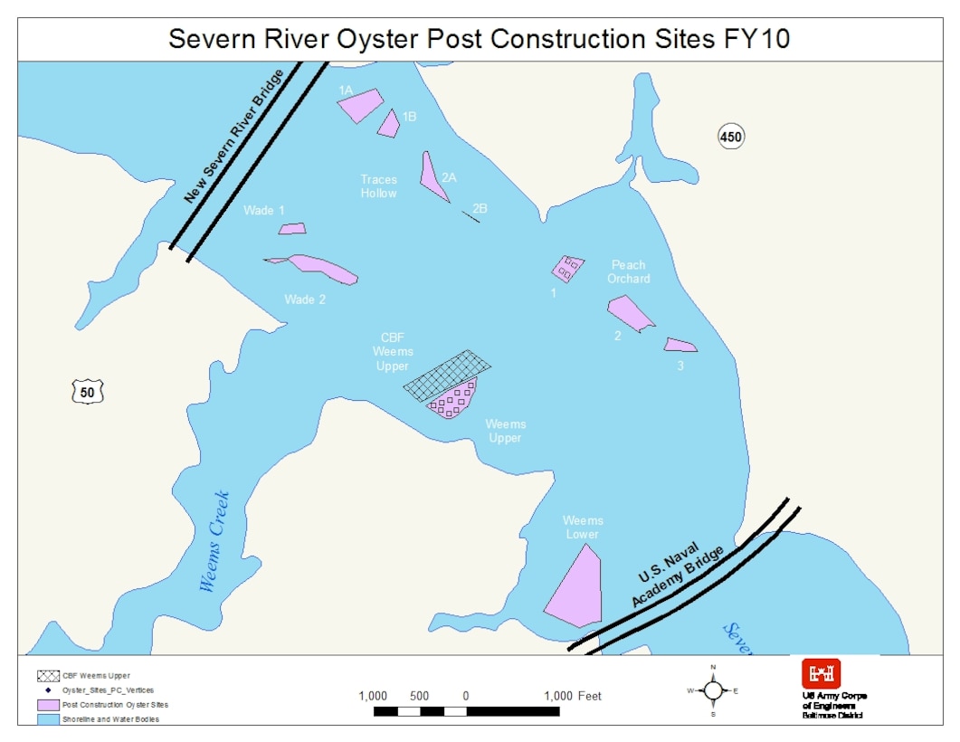 Severn River oyster post construction sites.