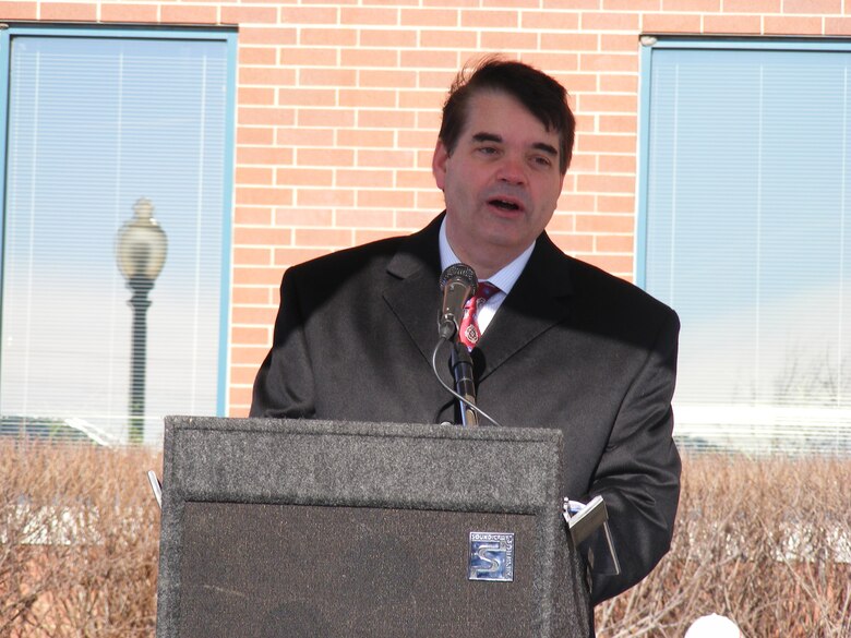 Bryan Whitman, acting director of the Defense Media Activity, addresses the audience at the groundbreaking ceremony for the Defense Information School expansion and renovation on Jan. 23.  