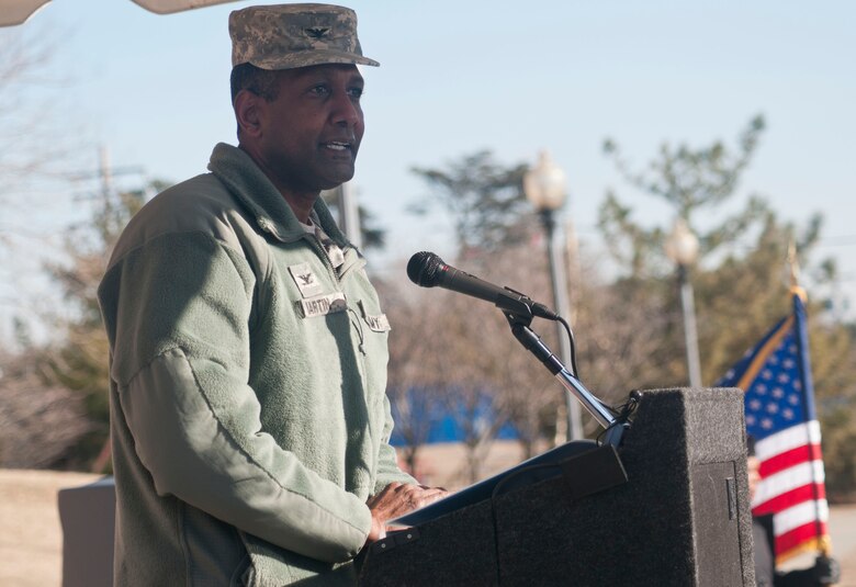 Col. Jeremy Martin, Commandant, Defense Information School, talks about the future capabilities of the program at the Jan. 23 groundbreaking event.