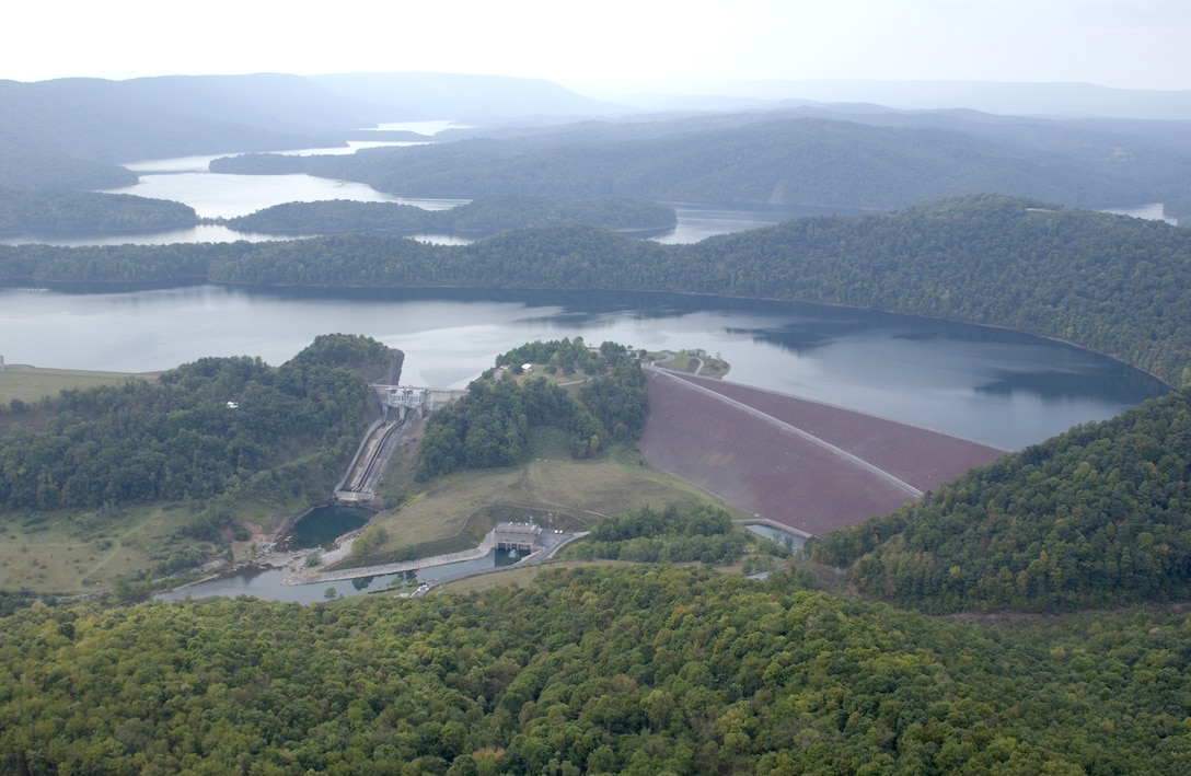 Aerial view of Raystown Lake and Dam