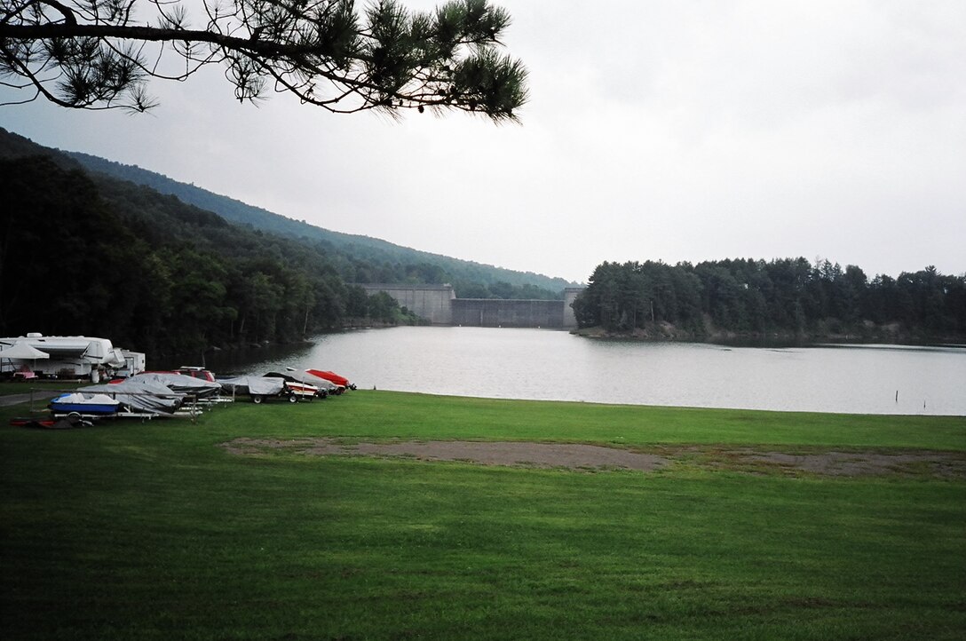 View of East Sidney Lake and Dam from the campground