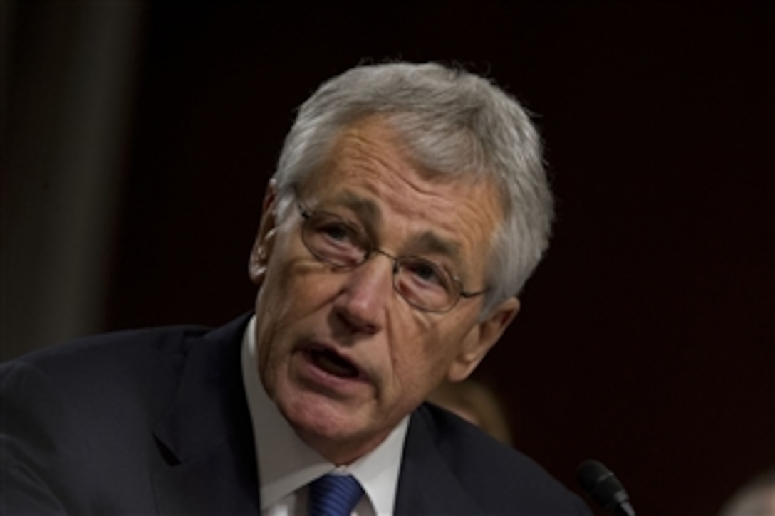 Former Sen. Chuck Hagel answers a question at his confirmation hearing in the Senate Armed Service Committee at the Dirksen Senate Building in Washington, D.C., on Jan. 31, 2013.  Hagel is President Barack Obama’s nominee for Secretary of Defense.  Hagel, if confirmed, will become the 24th Secretary of Defense succeeding Leon E. Panetta.  