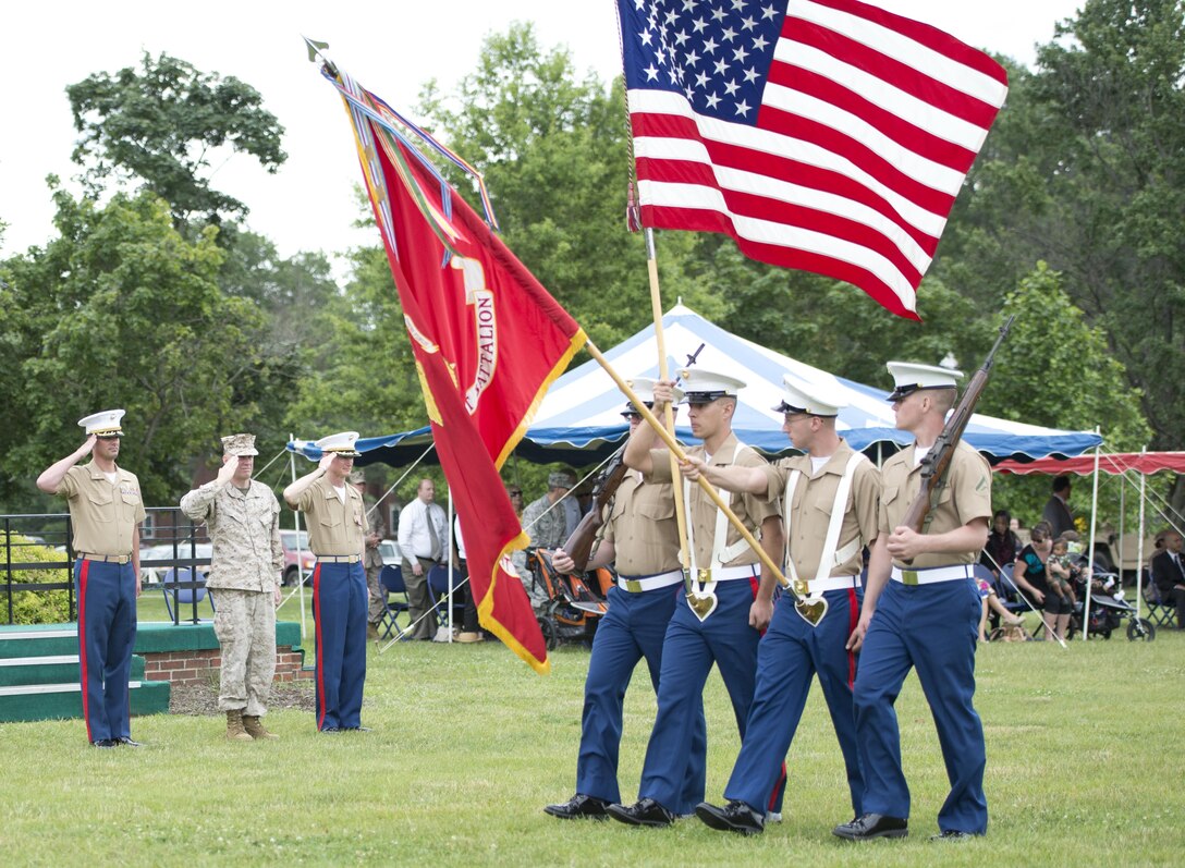 Lt Col. Stphen Riffer (Left), Col. Timothy Oliver (Middle), and Lt Col. Ryan R. Gutzwiller salute the color guard during a pass and review. The pass and review is part of the Marine Cryptologic Support Battalion's change of command ceremony. Photo by Pfc. Dylan M. Bowyer