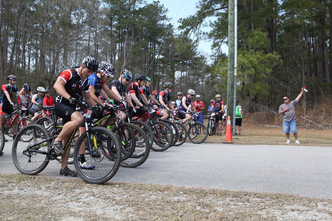 Racers await the start of the race at Henderson Pond Recreation Area aboard Marine Corps Base Camp Lejeune March 17. This was the first race hosted by Down East Cyclists on their own trail in three years. (Photo by Pfc. Justin A. Rodriguez/released)