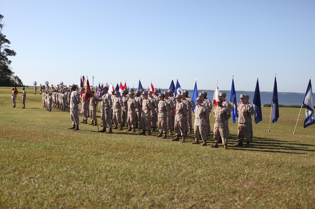 Headquarters and Support Battalion Marines stand at parade rest during retiring Sgt. Maj. John J. McGovern, the U.S. Marine Corps Forces Central Command Forward Sergeant Major’s last remarks aboard Marine Corps Base Camp Lejeune April 26. McGovern served 31 years in the active-duty Marine Corps. (Photo by Pfc. Justin A. Rodriguez/released)