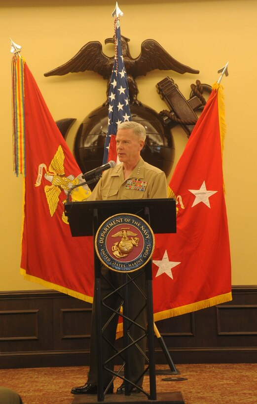 Gen. James Amos, commandant of the Marine Corps, speaks at the dedication of Lopez Hall at The Basic School aboard Marine Corps Base Quantico on June 27, 2013. The new dining facility was dedicated in honor of 1st Lt. Baldomero Lopez who was killed at Inchon, South Korea on September 15, 1950.