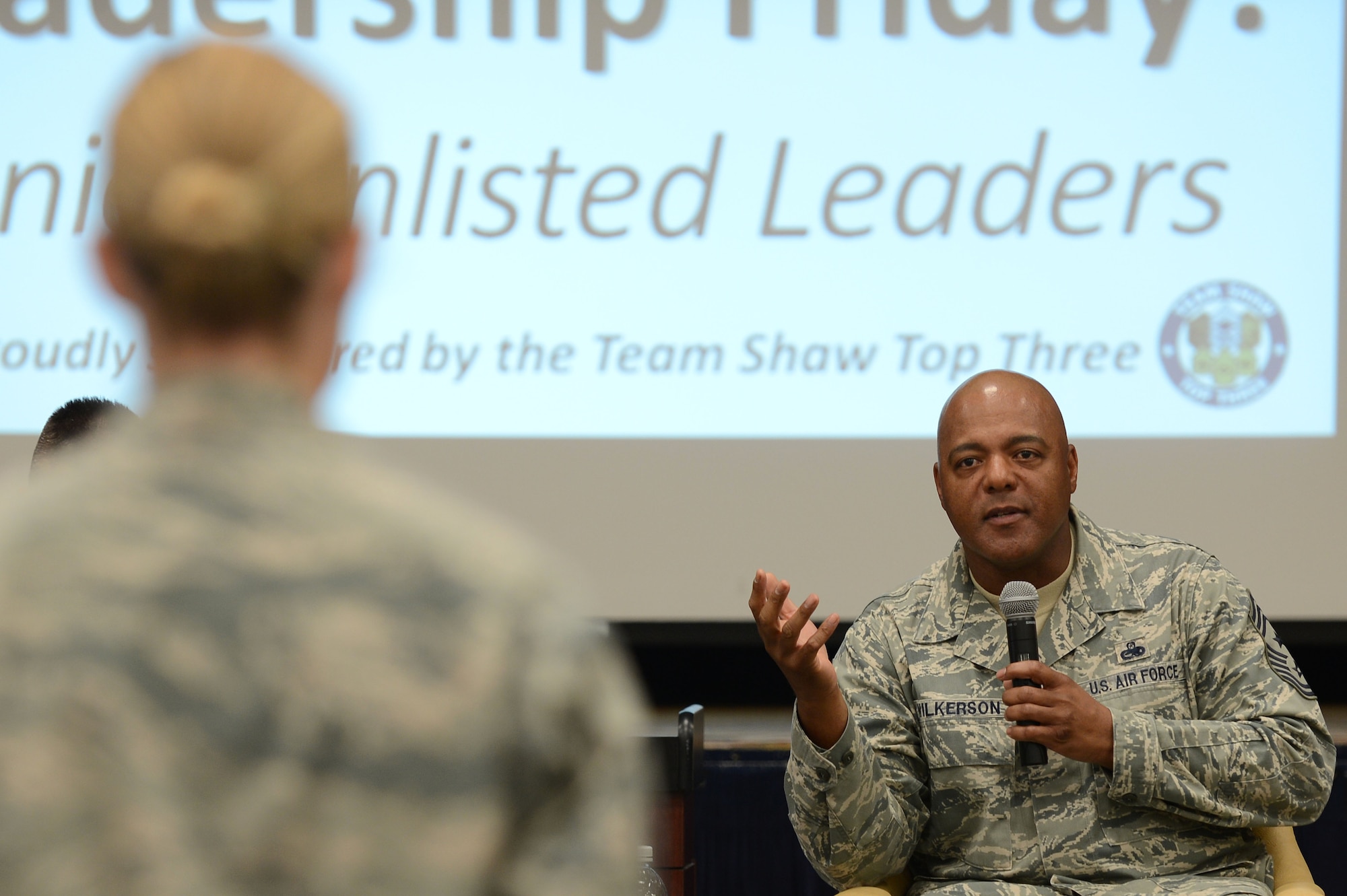 U.S. Air Force Chief Master Sgt. James Wilkerson, 20th Fighter Wing command chief, answers a question at the senior enlisted Friday, Shaw Air Force Base, S.C., June 28, 2013.  Shaw senior enlisted leaders spoke about what it takes to be in a leadership position, how to become a good leader, certain obstacles you are faced with in those positions and knowing your people.  (U.S. Air Force photo by Airman 1st Class Nicole Sikorski/Released)