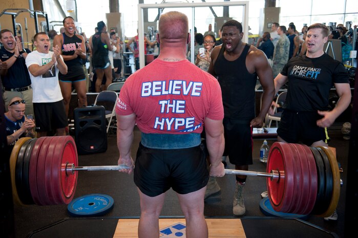 Senior Airman Robert Gilhousen, 820th RED HORSE Squadron heavy equipment operator, dead lifts 650 pounds during the final phase of the weight lifting competition at the Nellis Warrior Fitness Center June 28, 2013. Gilhousen won first place (U.S. Air Force photo by Caitlin Kenney)